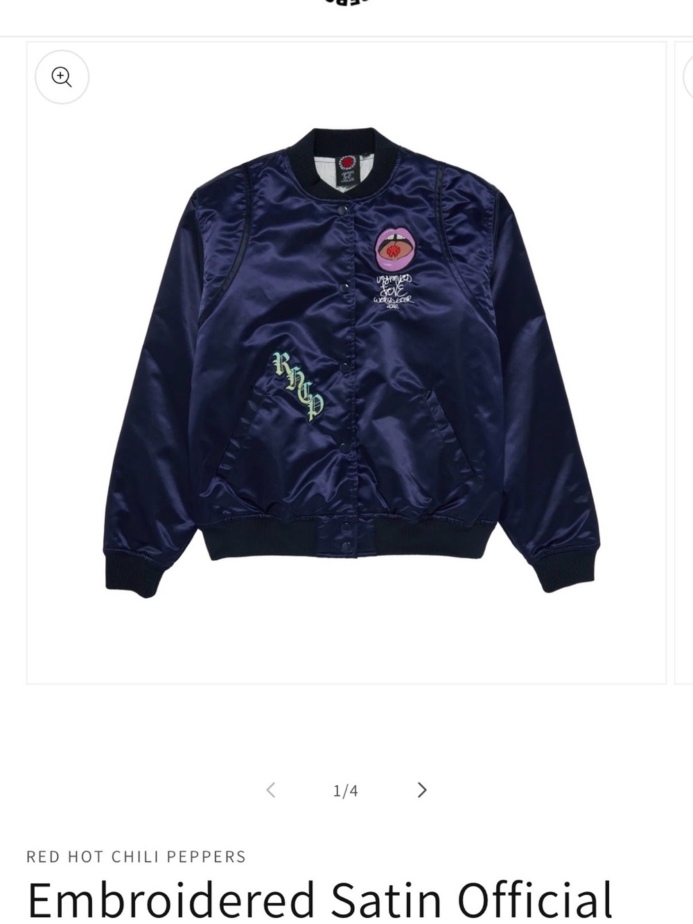 Navy Satin Bomber Jacket with Embroidered Graphic